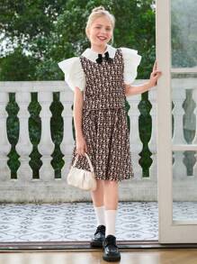青少年女孩休闲优雅盖袖上衣，带蝴蝶结和简约 A 字裙，两件套，夏季 - 卡其色 - 查看 1