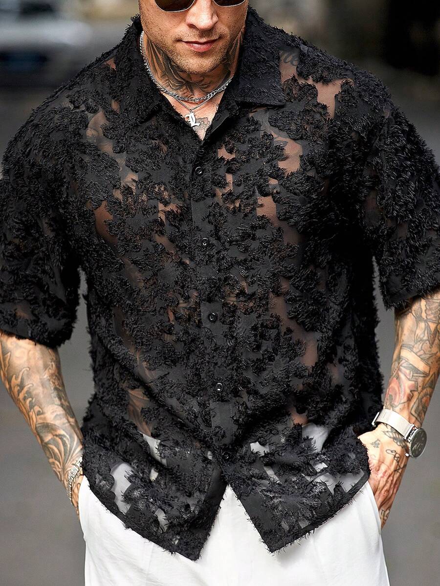 Manfinity Homme 男式镂空半透明单排扣短袖衬衫 - 黑色 - 查看 1