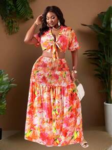 Slaydiva Plus Size Vacation & Party & Elegant Sexy 2pcs Set: Fitted Short Sleeve Shirred Tie-Knot Ruffle Patchwork Top And Long Layered Ruffle Hem Skirt, Summer - Multicolor - View 4