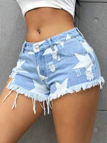 SHEIN Tall Shorts jeans femininos de cintura baixa, shorts azuis de verão para mulheres, shorts para mulheres, shorts de praia para mulheres, shows, mulheres, Páscoa - Lavagem leve - Ver 5