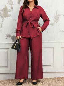 SHEIN LUNE 女士休闲、通勤和度假纯色衬衫领 V 领口袋金属纽扣装饰收腰 A 字长袖衬衫 + 松紧腰宽松直筒裤，春秋冬 - 中紫紅色 - 查看 4