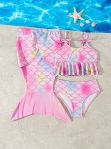 Young Girl Pinky Simple Fashion Beautiful Mermaid Printed Swimsuit Set, Random Print - Pink - View 6