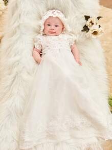 Váy lưới ren hoa màu trắng thanh lịch dễ thương cho bé gái sơ sinh kèm mũ - trắng - Xem 4