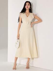 Heiryn Women's Elegant Beige Woven Fabric Long Dress With Ruffled V-Neck And Sleeveless Design - Beige - View 3