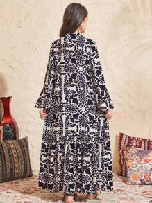 SHEIN Tween 女童复古印花长袖 A 字形宽松度假连衣裙 - 藏蓝色 - 查看 2