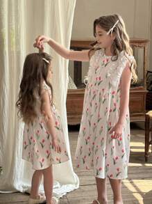 SHEIN LMoss Kids Tween Girl 碎花圆领荷叶边下摆修身休闲连衣裙 - 彩色 - 查看 5