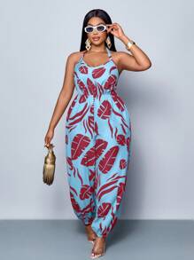 SOLERSUN 2025 Spring Summer Sleeveless Holidany Tropical Print Halter Jumpsuit - Burgundy - View 5