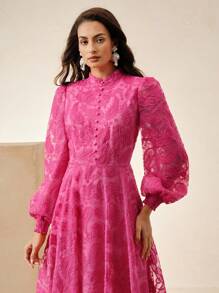 Anewsta Váy đi nghỉ mát bằng lưới mỏng thêu hoa thanh lịch cổ chữ V tay bồng, cạp chun, thích hợp cho mùa xuân, mùa hè, đêm hẹn hò, bãi biển, sự kiện trang trọng - Màu Hồng Tươi - Xem 6