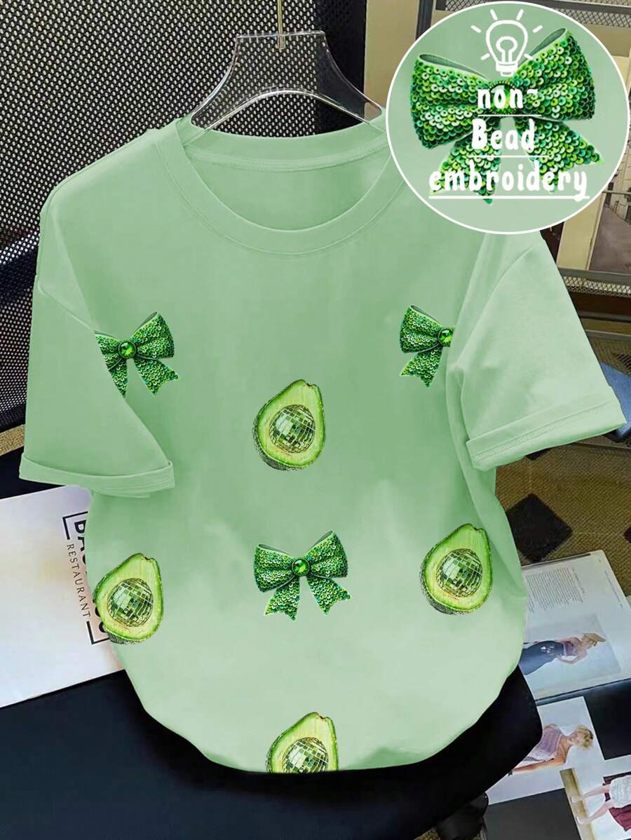 Women's T-Shirt With Fruit, Avocado, Bow Print - Dusty Blue - View 1
