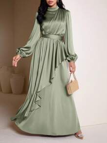 Veilorie Women's Elegant Solid Color Lantern Sleeve Extra Long Dress Modest Women Formal Party Dress