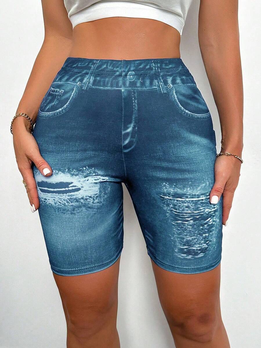 VaVaBold Fashionable Denim Effect Leggings, Suitable For Summer - Blue - View 1