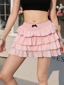 SHEIN EZwear 女士休闲紧身弹力蛋糕裙，粉色 - 粉色 - 查看 1