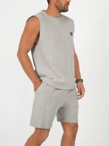 RueChic Men Letter Patched Detail Tank Top & Shorts - Apricot - View 4