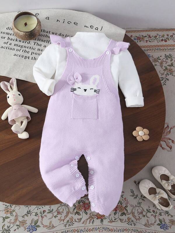 Enterizo de niña bebé con estampado de dibujos animados en tejido de jacquard, enterizo de bebé con manga corta y gorro rosado con orejas de conejo esponjoso, para primavera/otoño