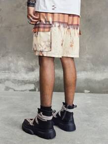 ROMWE MEN Street Life Pantalones cortos con bolsillos cargo y estampado a cuadros con cordón en la cintura para hombre