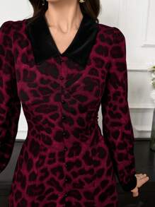 Modelyn Vestido largo de noche elegante para mujer con cuello de contraste de terciopelo, estampado de leopardo y dobladillo con volantes