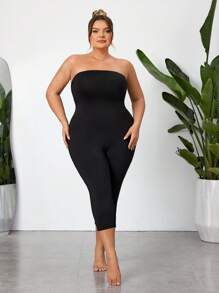 SHEIN CURVE+ Plus Size High Stretch Tight-Fitting Jumpsuit, Minimalist & Fashionable, Suitable For Summer - Black - View 4