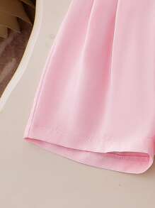 2pcs/Set Little Girls Pink Soft Cap Sleeve Sparkly 6-Petal Flower Solid Foldable Shorts Suit, Sweet & Cute Casual Summer Outfit - Pink - View 3