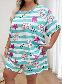 SHEIN CURVE+ Plus Size Women's Star Printed Short Sleeved Casual Set, Striped Star Pattern Two Pieces Set - Multicolor - View 5