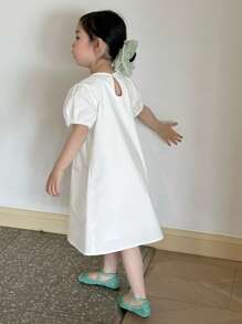 DAZY Kleine Mädchen Kleid mit rundem Ausschnitt, gewebtem Stoff und Kurzarm, Sommer - Weiss - Übersicht 6