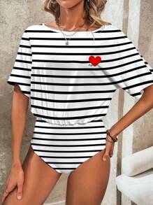 SHEIN LUNE 女式条纹和心形印花无袖紧身衣，适合假期和夏季