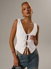 SHEIN Forever 21 Women'sPlain Color Tie Front Fitted Fashion Camisole,Rave Top - Putih - View 5