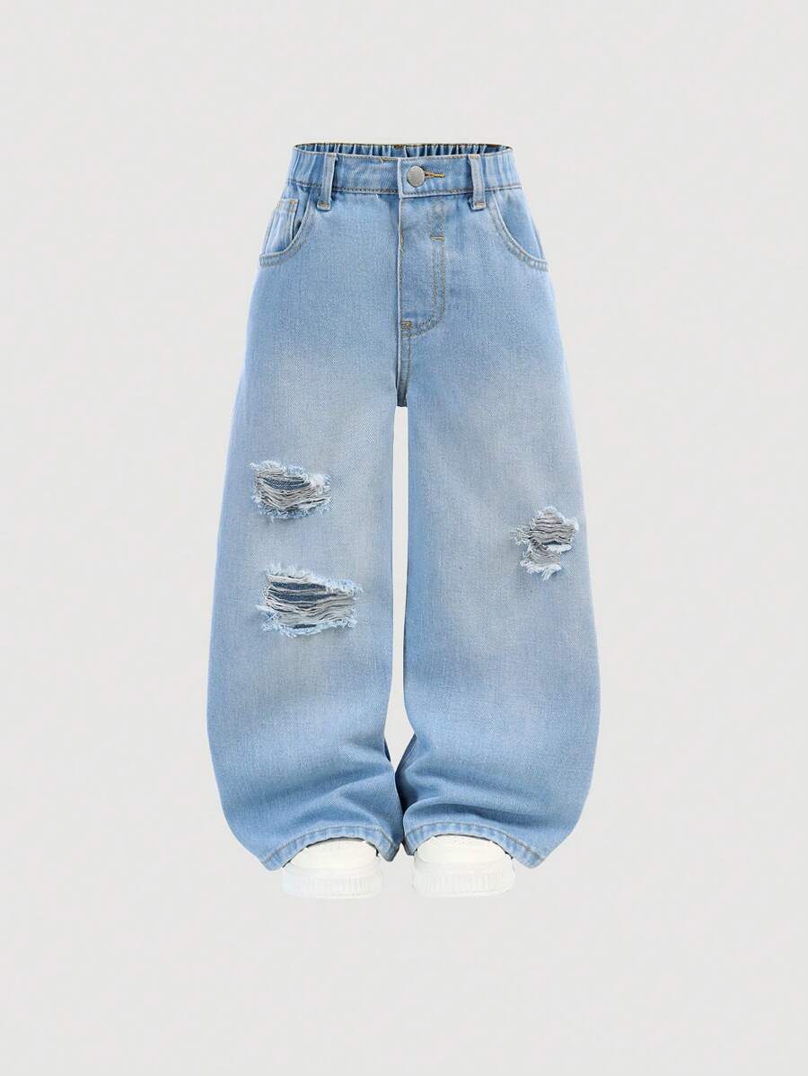 SHEIN Girls Blue Denim Wide Leg Distressed Straight Pants, Young Girl - Light Wash - View 1
