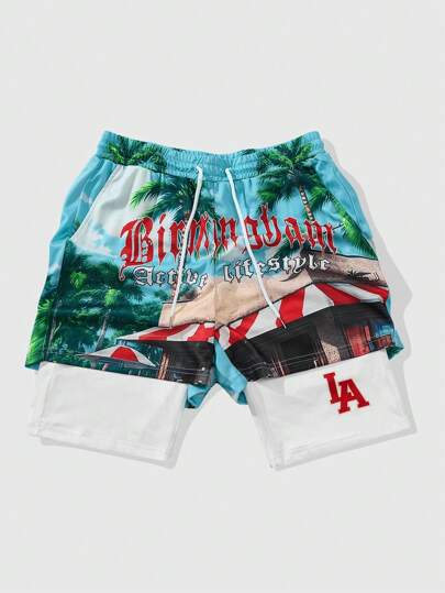 Goth Pantalones cortos deportivos de 2 en 1 con estampado floral tropical para hombres, adecuados para uso diario en primavera/verano