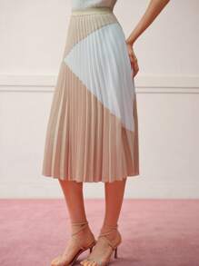 MOTF PREMIUM Chân váy xếp ly Colorblock - Màu Khaki - Xem 3