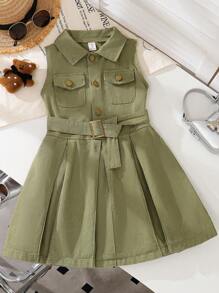 SHEIN Young Girls Summer Sleeveless Denim Dress With Shirt Collar And Pockets, Fashionable Denim Princess Dress, Suitable For Casual Outing Or Party Outfit, Spring Dress - Olive Green - View 3