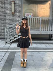 SHEIN Teen Girls Spring/Summer Striped Single-Breasted Top And Skirt Set