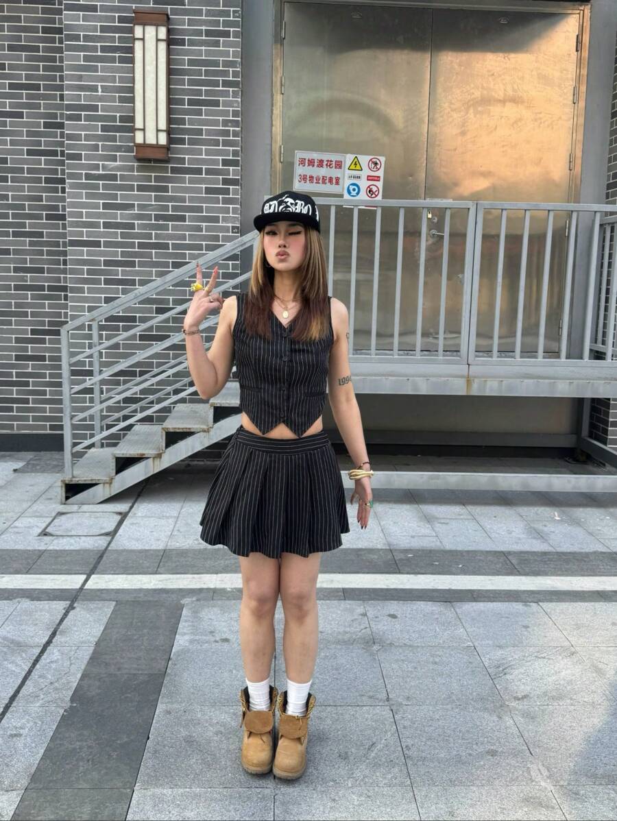 SHEIN Teen Girls Spring/Summer Striped Single-Breasted Top And Skirt Set