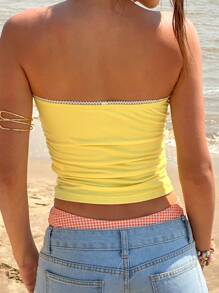 Jouncy Women's Casual Vacation Beach Contrast Trim Ruched Tube Top - Multicolor - View 2