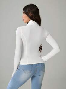 SHEIN Tall Casual Solid Color Long Sleeve Zip-Up Slim Fit Jacket, Tall Women - White - View 2