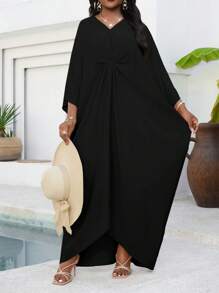 SHEIN Lady Holiday Dresses Plus Size Champagne Woven Short Sleeve Women's Robe Loose Drape Holiday Bridal Shower Dress Beach Women's Tall Long Slim Dress - Black - View 4