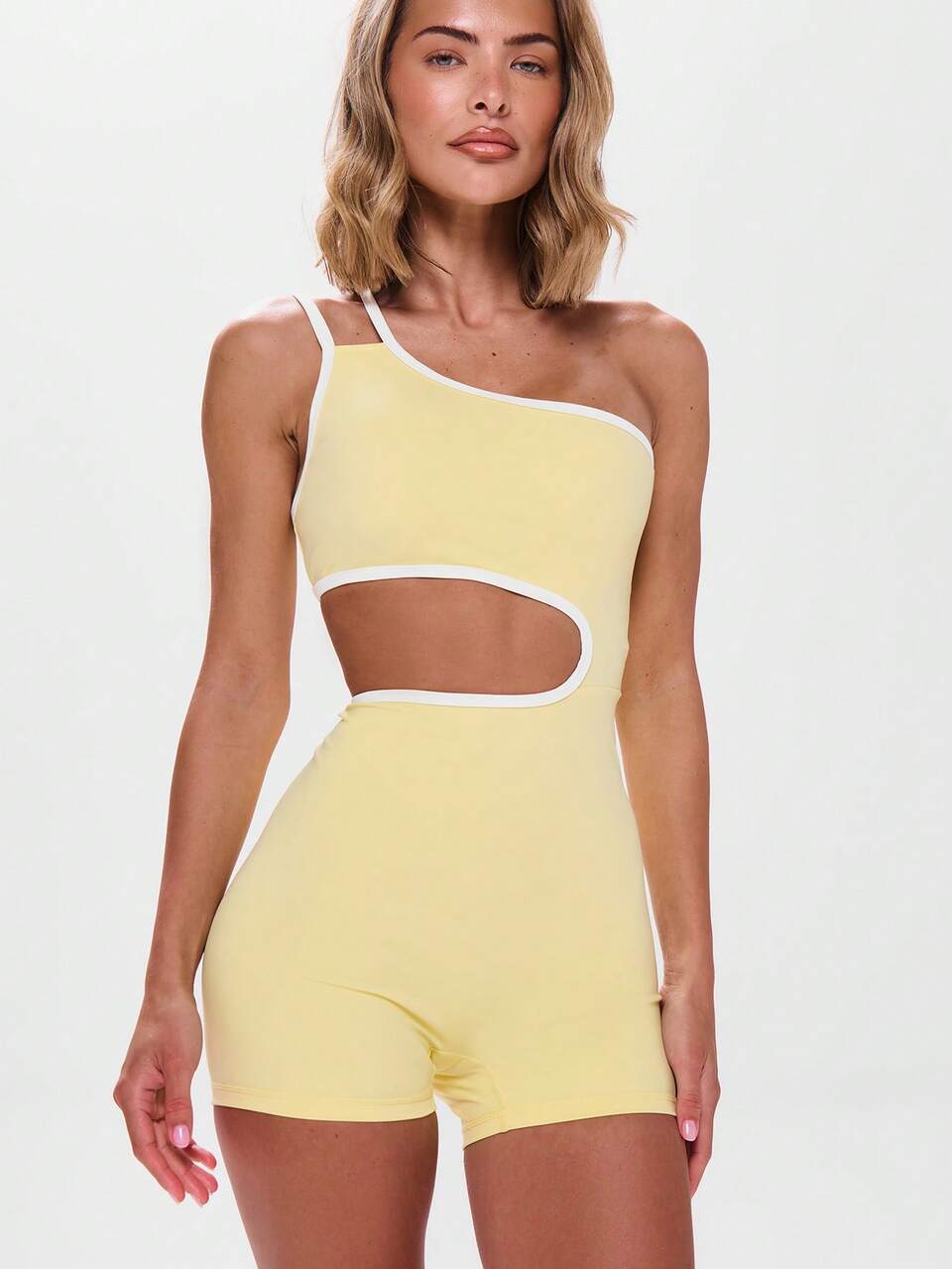 Active Butter Yellow Contrast Trim Cut Out One Shoulder Asymmetrical Neck Unitard