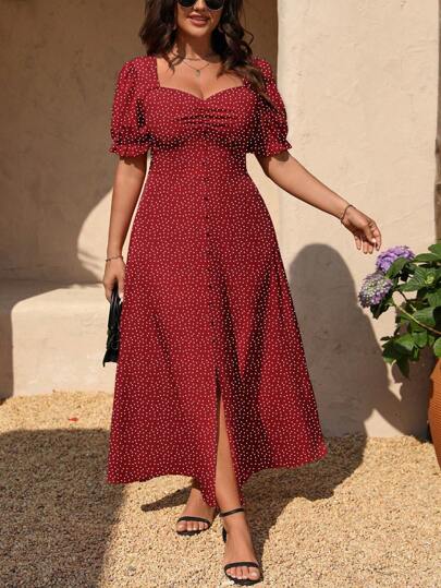 Auvina Clasi Büyük Beden Düz Renk Kalp Yaka Yırtmaçlı Uyluk Şık Kısa Kollu Mini Poika Noktalı Elbise