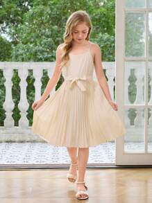 2pcs/Set Tween Girl 3D Floral Jacket And Pleated Cami Dress With Belt - Apricot - View 5