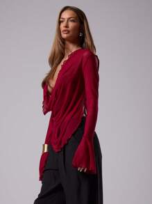 MUSERA 性感外出上衣透明垂坠挂脖长袖上衣伊比沙岛海滩度假外出上衣俱乐部冬季秋季冬季圣诞节 - 酒紅色 - 查看 4