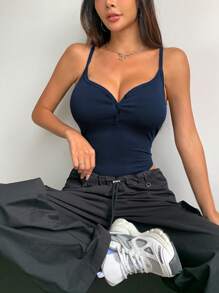 DAZY Women's Solid Color Button Design Casual Bodysuit - Navy Blue - View 2