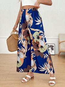 SHEIN Clasi Pantalones anchos y holgados de estampado de plantas tropicales para mujer, adecuados para vacaciones
