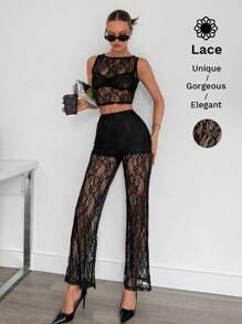 Siren Gaze Set de top negru + pantaloni Top din dantelă + pantaloni din tricot evazați din dantelă cu talie înaltă, set de 2 buc pentru femei, set de 2 buc pentru femei, din dantela transparentă, jacquard, ținută sexy de petrecere.