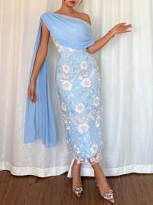 Chiquease 优雅时尚迷人不对称肩部收腰刺绣网眼透明飘逸中长连衣裙，春夏，蓝色 - 藍色 - 查看 8