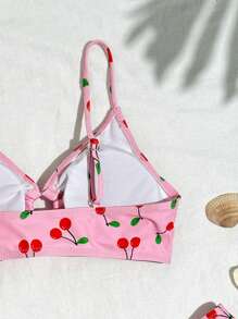 Women Pink Casual Elegant Cherry Blossom Print Swimsuit Set, Random Print Pattern For Summer Beach Vacation - Pink - View 5