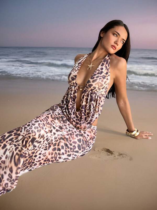Aloruh Women's Two Pieces Outfits Elegant Seaside Vacation Sexy Party 2pcs Country Music Festival Concert Fashion Casual Street Y2K Gyaru Leopard Print Knitted Mesh Print Vest Shell Metal Button Decorated Backless Top + Fishtail Long Skirt 2 Pieces Set, Suitable For Summer, Easter, Carnival, Ibiza Outfits, Rave Outfits Festival, St Patrick, Beach Outfits For Woman