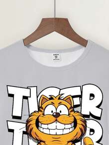 2 件套青少年男童宽松虎纹印花短袖上衣和裤子套装，舒适针织休闲家居服