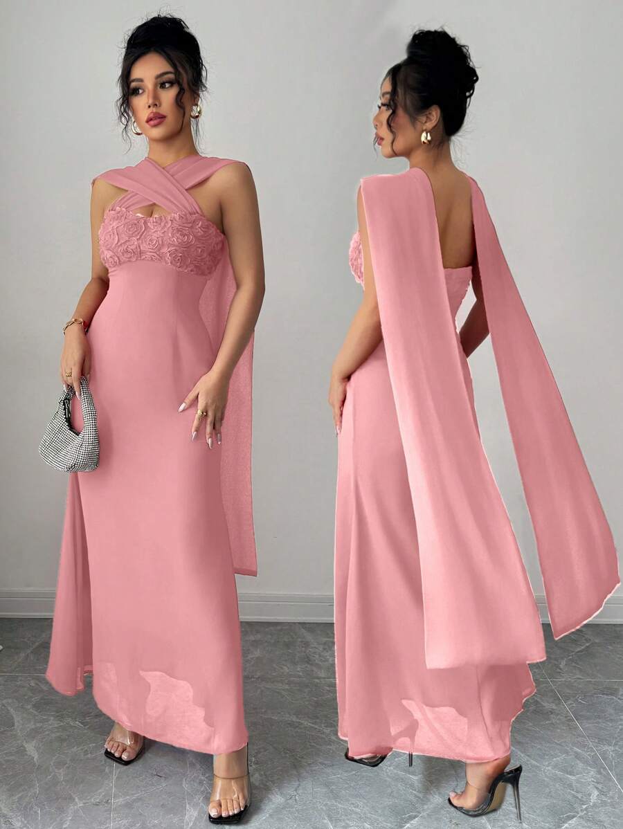 Rafferiza 优雅露肩修身花卉拼布雪纺夏季连衣裙，配腰带，性感 - 粉色 - 查看 1