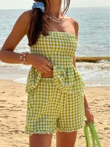 Jouncy Conjunto informal de vacaciones de verano con top corto de halter con volantes con estampado a cuadros texturizado y shorts sueltos