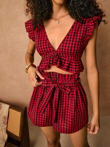 SHEIN Frenchy 女士编织格子盖袖短款衬衫和短裤套装 - 彩色 - 查看 3