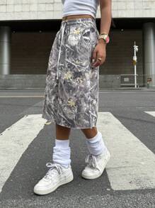 Muchica 女士抽绳腰袋树枝印花针织阔腿裤 - 灰色 - 查看 5